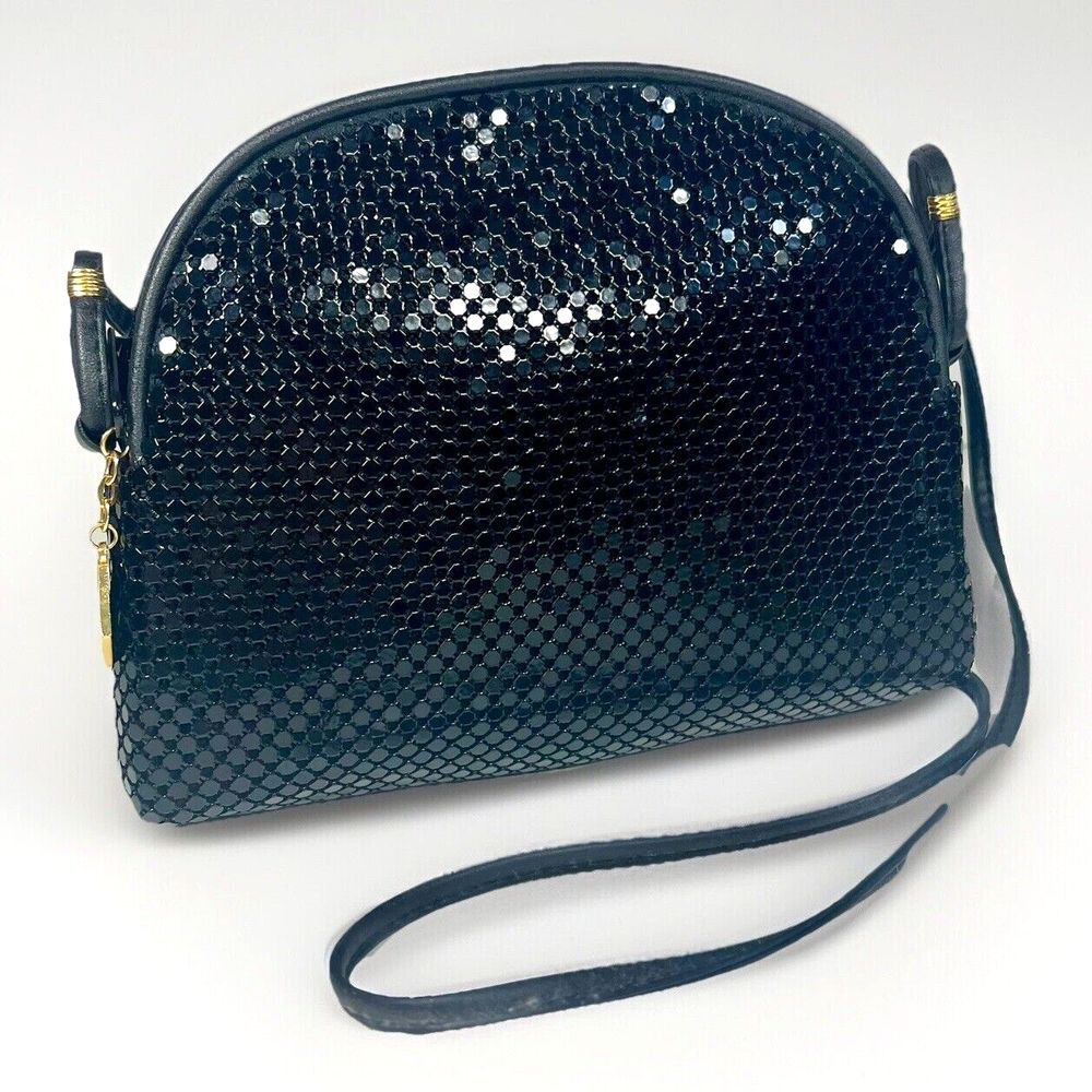 Whiting & Davis Vintage 90s Black Leather Metal Mesh Shimmer Crossbody Bag Purse